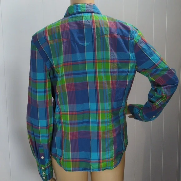 Ralph Lauren Colorful Green & Blue Plaid Snap Button-Up Shirt Large - Picture 6 of 11